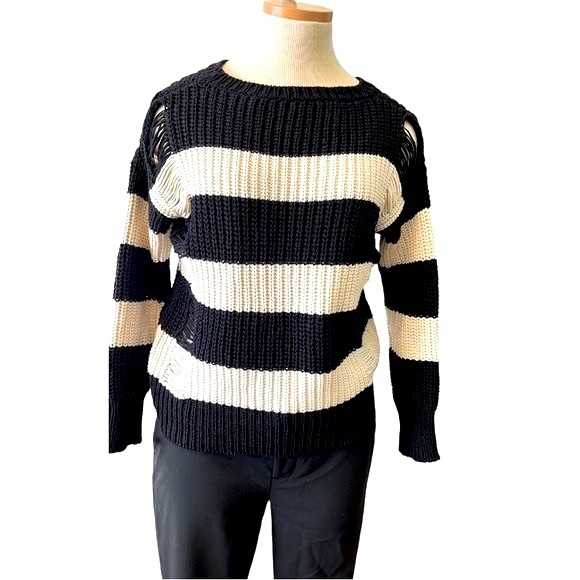 Sandro Stripe Distressed Knit Sweater, Black & Cream,  size EU 2/Med, US 4-6 - Picture 2 of 16